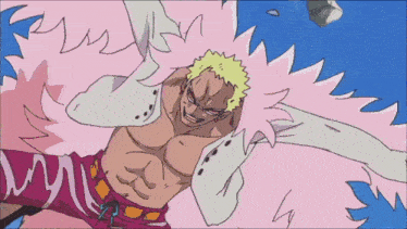 a drawing of a man with a pink and white feathered cape