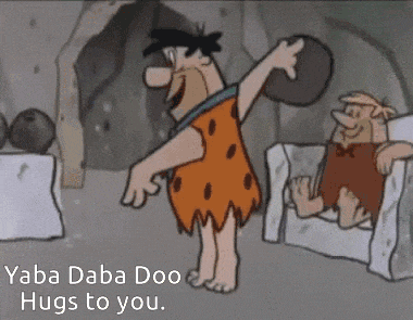 a cartoon of flintstone holding a rock with the words " yaba dada doo hugs to you " on the bottom