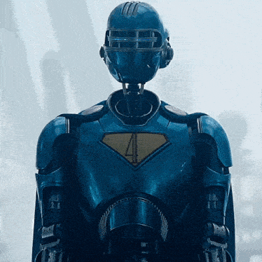 a robot with a cape and a shield with the number four on it