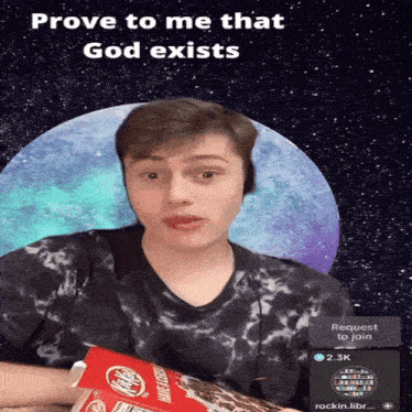 a young man is holding a can of ritz crackers and says prove to me that god exists