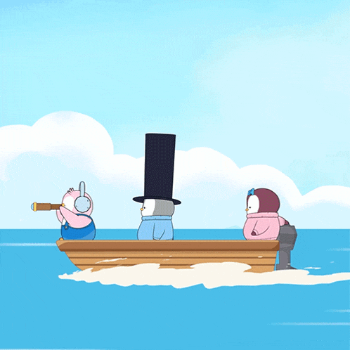 a cartoon of three penguins in a boat