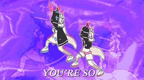 a cartoon of two foxes dancing with the words you 're so on the bottom