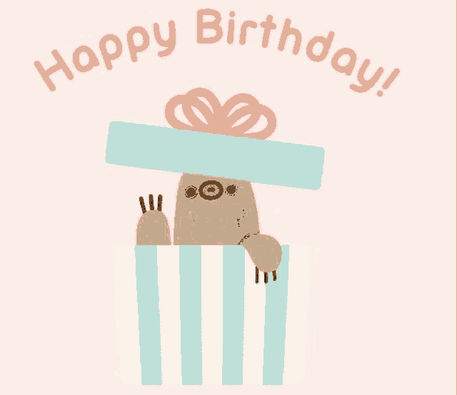a happy birthday card with a sloth peeking out of a striped box
