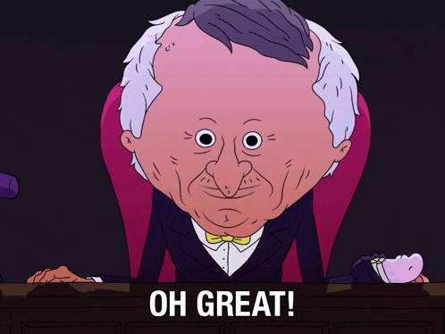 a cartoon of a man sitting at a desk with the words oh great written below him