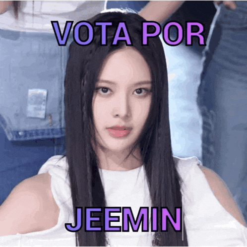 a picture of a girl with long black hair and the words vota por jeemin above her