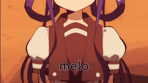 a girl with purple hair has the word melo written on her shirt