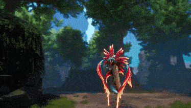 a video game scene with a blue monster and a red and green dragon
