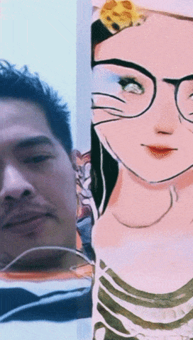 a man and a drawing of a woman with glasses are next to each other