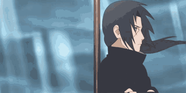 a drawing of a person with long hair standing next to a pole