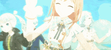 a group of anime girls are dancing together and one of them is wearing a white dress