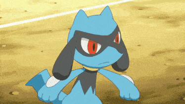 a blue and black cartoon character with red eyes and a black mask
