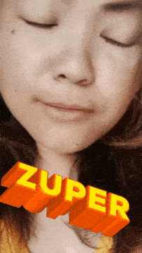 a close up of a woman 's face with the word zuper in orange letters