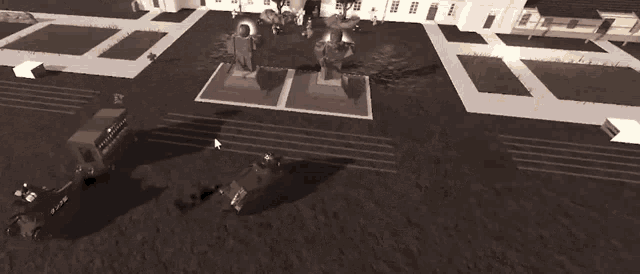 a video game is being played in a field with a large explosion in the background .