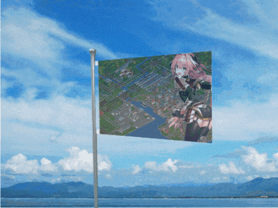 a flag with a picture of a girl with pink hair is flying in the wind