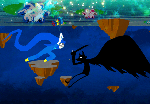a cartoon drawing of a blue dragon and a black devil