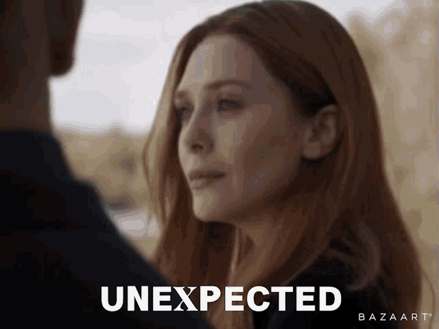 a woman is looking at a man and the word unexpected is on the bottom
