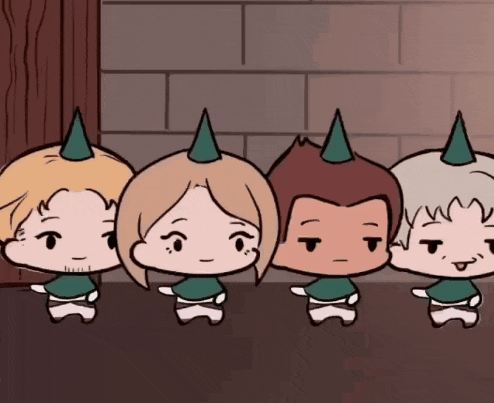 a group of cartoon characters are wearing party hats