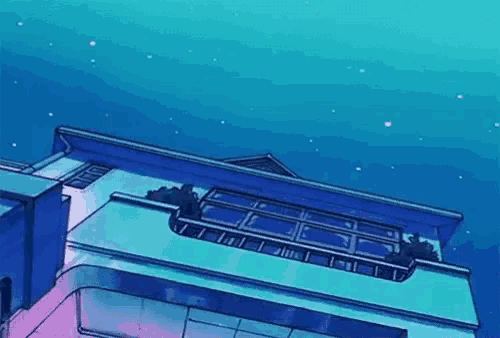 a cartoon drawing of a building with a balcony and a blue sky .