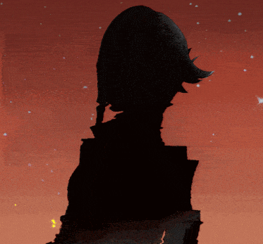 a silhouette of a statue with a red sky and stars in the background