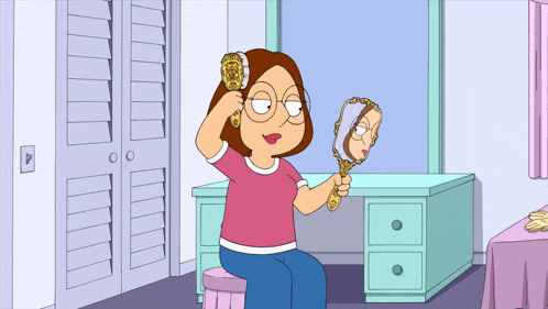 a cartoon of a woman brushing her hair and looking in a mirror