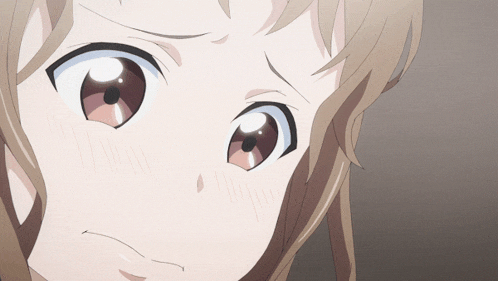 a close up of a anime girl 's face with a serious look on her face