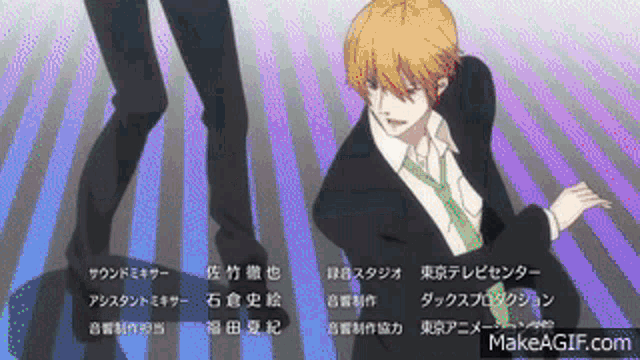 a man in a suit and tie is dancing in front of a purple background