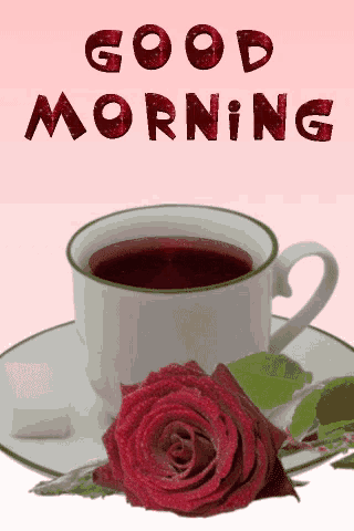 a cup of coffee and a rose on a saucer with the words " good morning "