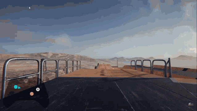 a screenshot of a video game showing a ramp and mountains