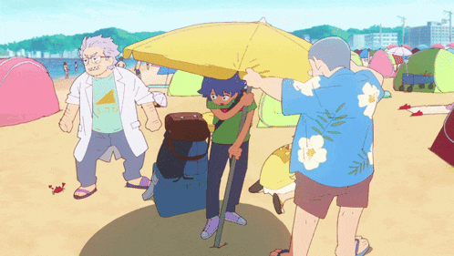 a cartoon drawing of people on a beach with a man wearing a shirt that says ' tokyo ' on it