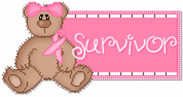 a teddy bear with a pink ribbon and the word survivor written on it