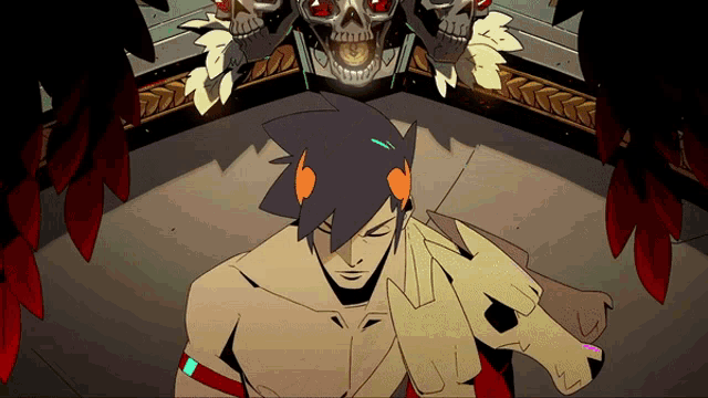 a cartoon of a man with a skull behind him