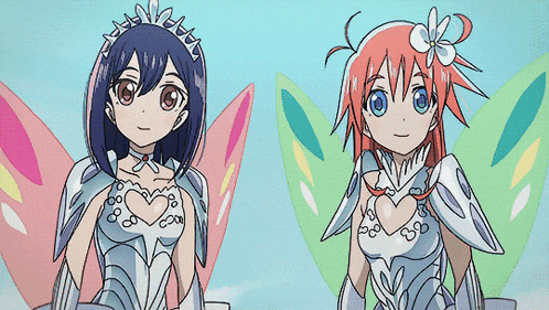 two anime girls are standing next to each other with one wearing a heart on her chest