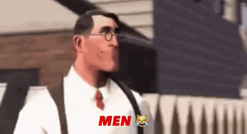 a man in a white shirt and tie is standing in front of a building with the word men written in red .