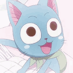 a close up of a blue cartoon cat with its tongue out .