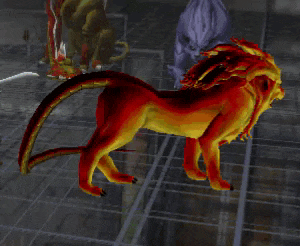 a red and yellow lion is standing on a tiled floor in a video game