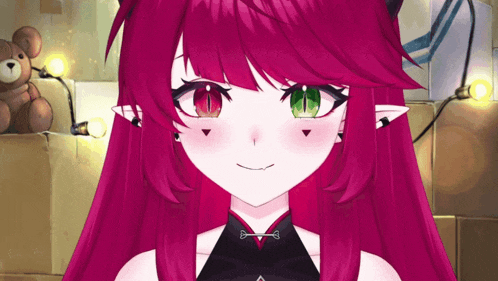 a close up of a girl 's face with pink hair and green eyes