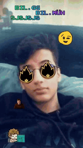 a young man wearing sunglasses with the words bil.gg bil.muh on top
