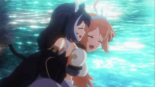 two anime girls are hugging in the water and one has a cat ear