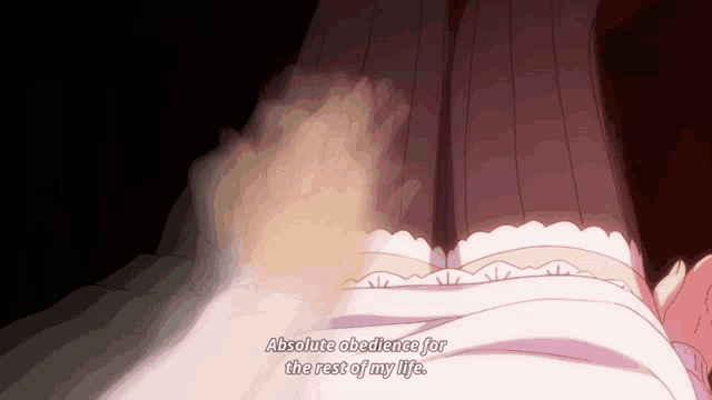 a girl laying on a bed with the words absolute obedience for the rest of my life