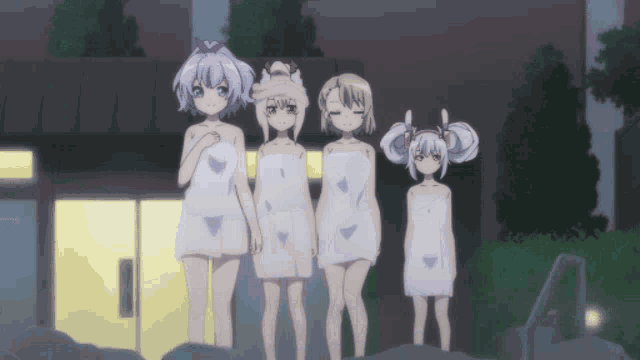four anime girls are wrapped in white towels