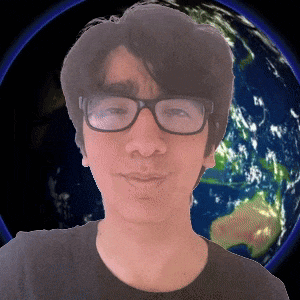 a man wearing glasses and a black shirt stands in front of the earth