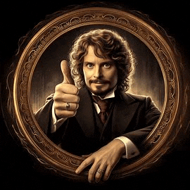 a man in a suit and tie is giving a thumbs up in a gold frame .