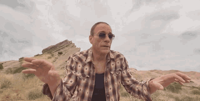 a man wearing sunglasses and a plaid shirt is standing in a field