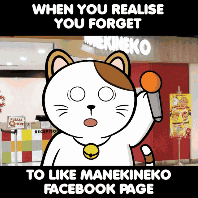 a cartoon cat is holding a microphone in front of a mannekineko store