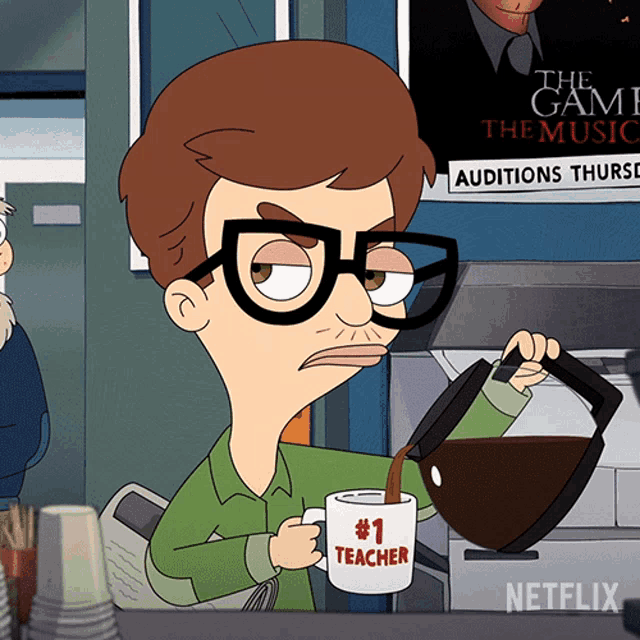 a man is pouring coffee into a mug that says # 1 teacher on it