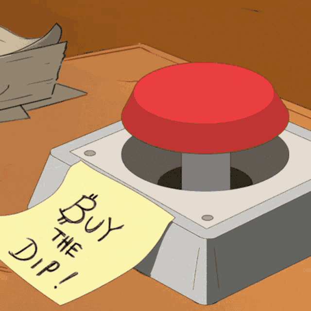 a cartoon drawing of a red button with a sticky note that says buy the dip