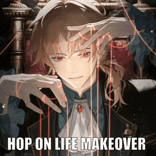 a picture of a man with red eyes and the words hop on life makeover