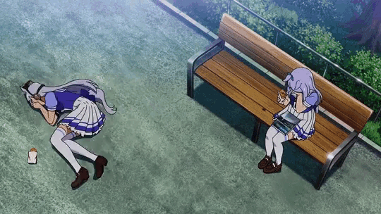 two anime girls are sitting on a wooden bench .