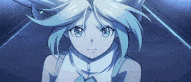 a close up of a anime character with blue eyes