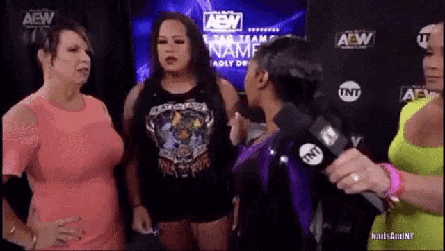 a group of women are standing next to each other in front of a microphone and talking to each other .